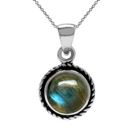 Silvershake Collar con colgante de plata de ley 925 con piedra redonda o concha, estilo cabujón solitario o incrustación, joyería para mujer, Cadena de plata 925, labradorita natural
