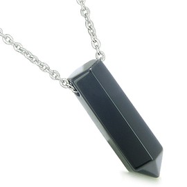 Amulet Lucky Crystal Point Wand Black Agate Gemstone Bullet Style Pendant 22 Inch Necklace