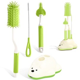 Juego de Cepillo para Biberones, 4 EN 1 Multifunción Cepillos de Silicona, Incluye Limpieza para Biberones, Cepillo para Pezones, Limpiador de Pajitas, Estante de Secado (Verde)