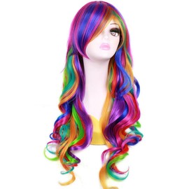 BERON Rainbow Wig Long Curly Wig with Bangs for Women Colorful Wigs Long Wavy Rainbow Multi Colorful Wigs with Hairnet