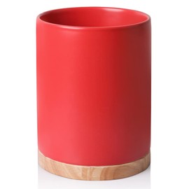 Sweejar Kitchen Utensil Holder with Wooden Bottom, 8.2" Ceramic Utensil Crock to Hold Spatulas for Cooking Countertop, Housewarming, Wedding, Birthday Gift (Red)