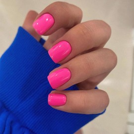 KQueenest 48 Pcs Press on Nails Short Square, Press on Neon Hot Nails Acrylic, Solid Color Small Fake Nails Set, Neutral Gel Glue on Nails Short, Stick on Nails For Women Finger Decoration