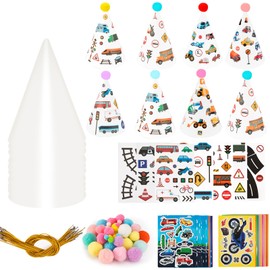 HANYMWANZW 16 Pack Transportation Birthday Party Hats, Blank White Paper Hats with Truck Car Stickers Assorted Pompoms for Kids DIY Art and Craft Transportation Themed Party Favors