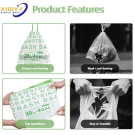 XIQIYY Bin Bags 20L Drawstring Waste Bin Liners Small White Pre-separated Rubbish Bags Pedal Strong Garbage Bags Thicker Refuse Sacks Heavy Duty Trash Bag for Bathroom,Bedroom,Office,60 Liners