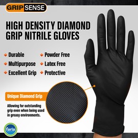 GripSense Nitrile Gloves (Pack of 50) - High Density Diamond Grip Black Gloves - Latex & Powder Free Black Nitrile Gloves X Large - Mechanic Gloves Extra Thick & Super Strong - Max Dexterity L5