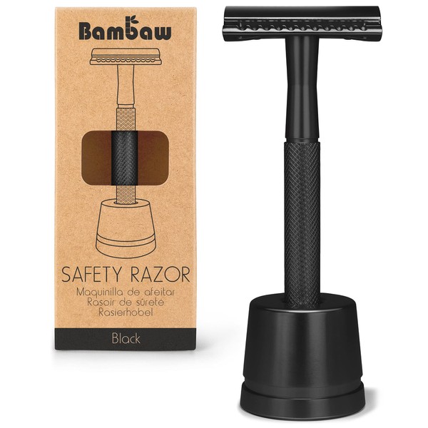 Black Safety Razor for Men with Safety Razor Stand | Metal Razor | Double Edge Razor | DE Safety Razors for Men | Fits All Double Edged Razor Blades | Mens Shaving Razor | Zero Waste Products |Bambaw