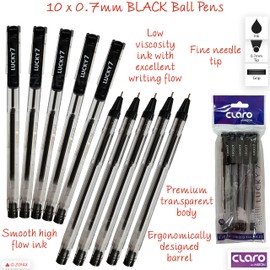 CLARO Lucky Ballpoint Pens, BLACK, 0.7mm Fine Point, Pack of 10, Smooth Ink Flow, School Home Office Value Pack, ZOFAX Black Ball Pen