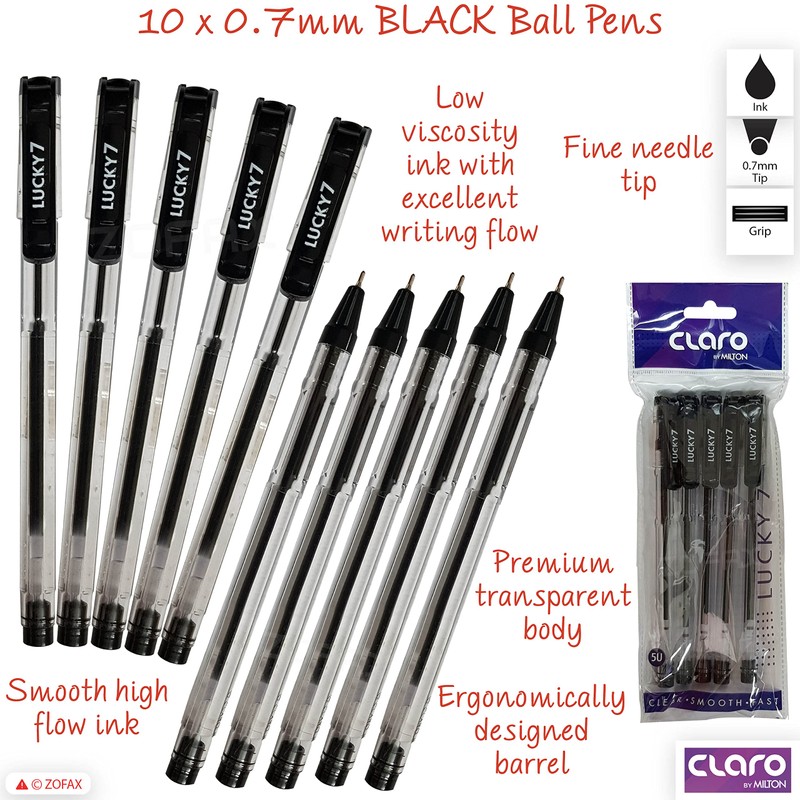 CLARO Lucky Ballpoint Pens, BLACK, 0.7mm Fine Point, Pack of