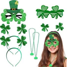 St. Patrick's Day Accessories for Costume - 2 Pieces Shamrock Green Headband , 2 Pieces Shamrock Bead Necklace St Patrick's Day , 2 Pieces Green Clover Sunglasses for Girls Women Party Supplies Favors