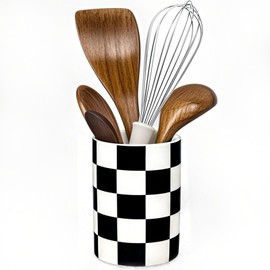 Nakor home Checkered Utensil Holder, 4.13''x5.71 Utensils Caddy for Kitchen Counter, Medium Size Utensil Crock for Countertop, Utensils Organizer Storage for Parties Dining-Modern black and White