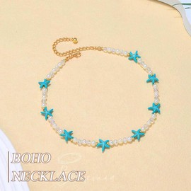 Jovono Boho Starfish Necklaces Pearl Glass Beads Choker Necklaces Beach Summer Turquoise Necklace Chains for Women