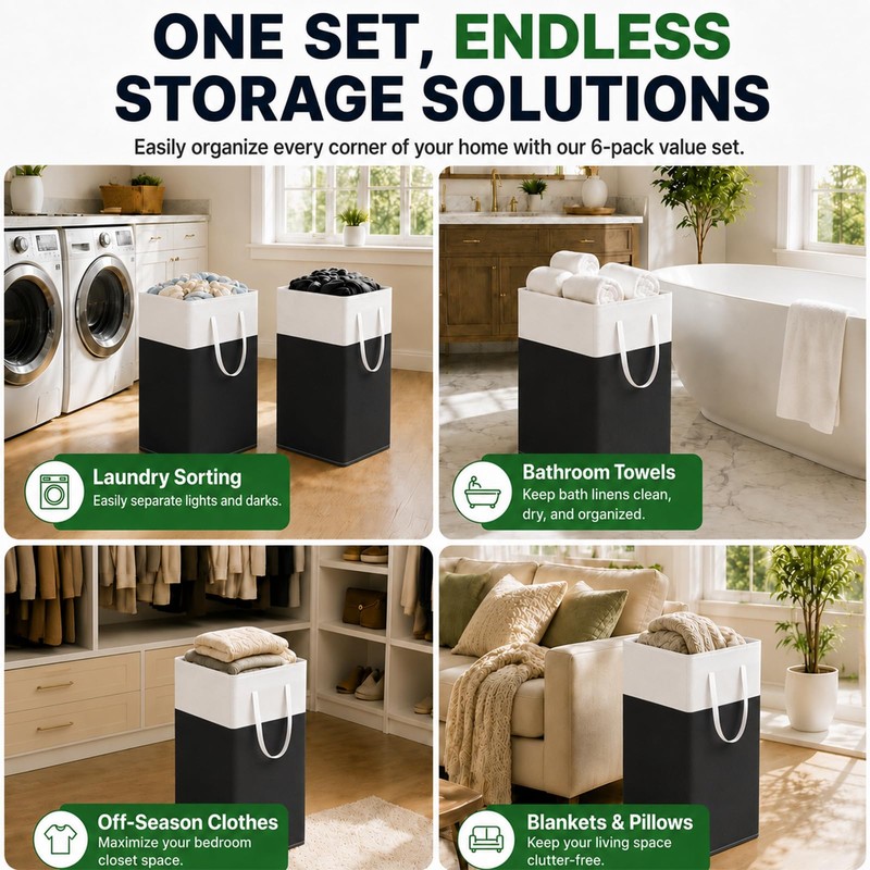 6Pack 75L Laundry Basket, Waterproof Collapsible Laundry Hamper with Handles,