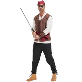 MALINRSSE 6 Pcs Men's Renaissance Pirate Costome Set Medieval Shirt Vest Banded Pants Viking Belt Headscarf Accessories