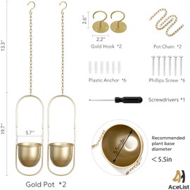 Boho Hanging Planter for Indoor Plants - Set of 2 Gold Metal Wall Planter 5.7Inch with Hooks and Chins, Plant Hanger Decor for Window and Patio - Suitable for Hanging Plants Decor