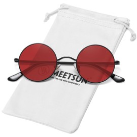 MEETSUN Small Round Polarized Sunglasses for Men Women Retro Vintage Circle Hippie Sun Glasses UV400(Black Frame-Red Lens)