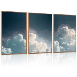 LHIUEM Minimalist Blue Sky Wall Art,Navy Blue Clouds Framed Artworks Set of 3(16”X24”) Oversized Sky Artwork Framed,Large Painting Calming Blue White Clouds,Light Blue Cloud Canvas for Office Bedroom