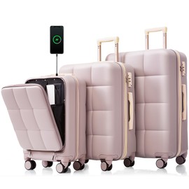 Merax 3Pc Suitcase Sets Front-Opening with USB Port ABS Hardshell Luggage with Cup Holder, Rosy Brown, 20/24/28 in