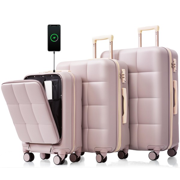 Merax 3Pc Suitcase Sets Front-Opening with USB Port ABS Hardshell
