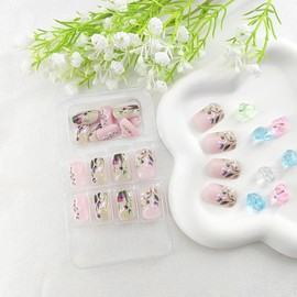Square Press on Nails Short False Nails with Floral Leaf Design French Tip Glue on Nails Light Pink Full Cover Nails Press ons Glossy Fake Nails Spring Artificial Stick on Nails for Women 24Pcs