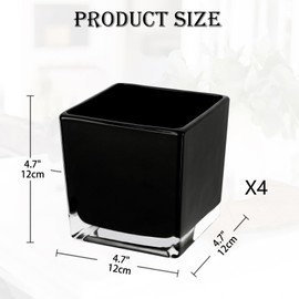 Square Glass Vase, 5" x 5" Black Cube Glass Vases Floral Planter Centerpiece for Home Party Event Wedding, Candle Holder, Set of 4