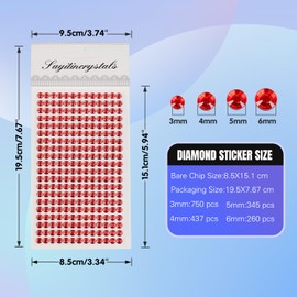 Uxney 8 Sheets Rhinestone Stickers，3584 Pcs Gem Stickers for DIY Face Eyes Makeup Hair（Red-3/4/5/6mm）
