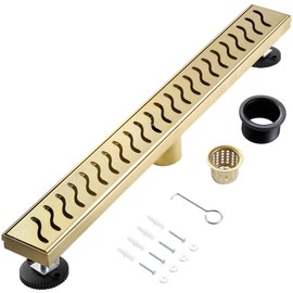 muschbath 24 Inch Linear Shower Drain, Brushed Gold Shower Drain,Removable Grate, 304 Stainless Steel, Easy to Install and Clean for Bathrooms (Drain Base Not Included)