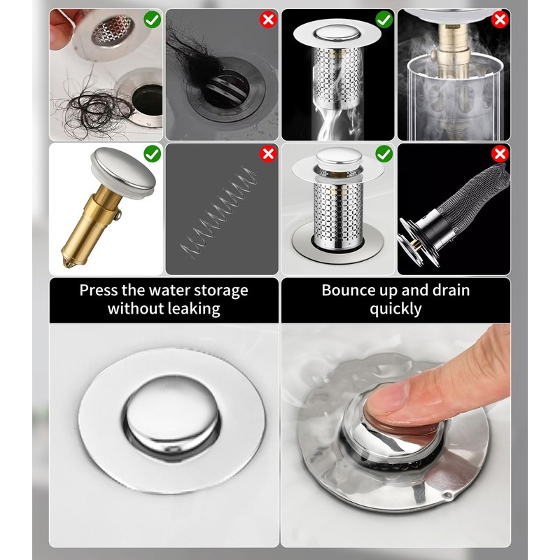 Pack of 2 Stainless Steel Pop Up Drain Strainer, Sink