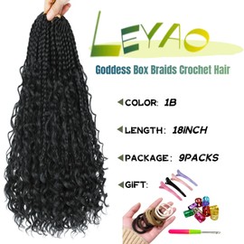 LEYAO 18 Inch Goddess Box Braids Crochet Hair 9 Packs Pre Looped Boho Crochet Box Braids for Black Women Synthetic Braiding Hair with Curly Ends（1B#)