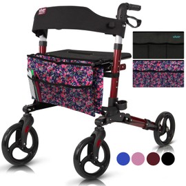 Vive Mobility Rollator Walker - Folding 4 Wheel Medical Rolling Walker with Seat & Bag - Mobility Aid for Adult, Senior, Elderly & Handicap (Ruby Red, Floral Bag)