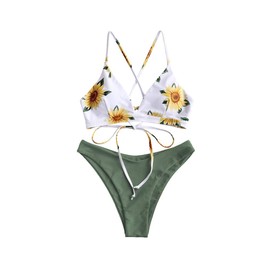 Zaful 2-Piece Bikini Set with Sunflower Print, Women’s Push-Up Padded Bra Beach Bikini with Triangle Bikini Bottoms - Green, size: m