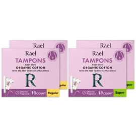 Rael Tampons, Compact Applicator Tampon Made with Organic Cotton, Multipack, Regular and Super Absorbency, BPA-Free, Chlorine-Free, Leak Locker Technology (72 Count, Bundle)