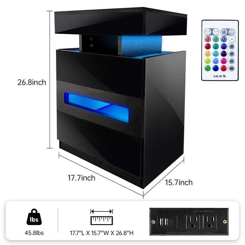 POVUD Night Stand with Gun Drawer, Modern Nightstand with Led