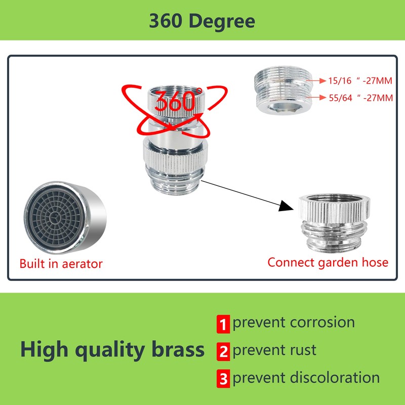 3/4 Inch GHT thread Garden Hose Adapter with Aerator, 360