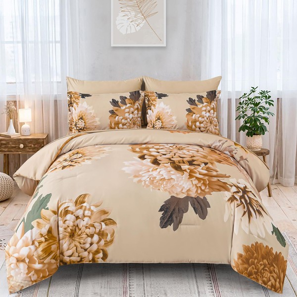 DJY Khaki Queen Comforter Set, 7 Piece Floral Comforter Set
