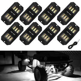 SUNPIE 8 Pods Pure White LED Rock Lights Wide Angle 6000K for Off Road Truck Car ATV UTV SUV Motorcycle Under Body Glow Light Lamp Fender Lighting, 32.8Ft Extension Wires Provided