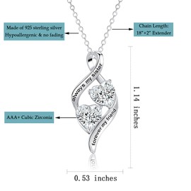 Mother's Day Gifts Necklace for Sister from Sister & Brother- 925 Sterling Silver Love Heart Cubic Zirconia Pendant Necklace for Christmas Birthday, 45+5cm