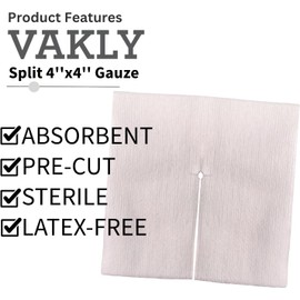 Vakly 4x4 Sterile Split Gauze 6 Ply Drain Sponge Pads Precut Absorbent 4"X4" Non-Woven Bandage with Slit for I.V. and Tracheostomy - 150 Packs of 2 Pre Cut Bandages (300)