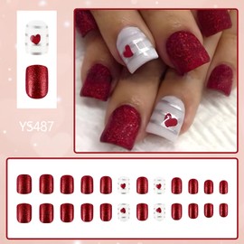 Valentine's Day Red Press on Nails Short Square Love Heart Stripe False Nails Red Glitter Powder Design Glossy Glue on Nails Artificial Stick on Nails for Women Valentines Acrylic Nails Set 24Pcs