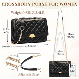 Kasgo Crossbody Bags for Women, Quilted Shoulder Bag PU Leather Handbag Purse for Ladies with Detachable Adjustable Chain Strap, Black