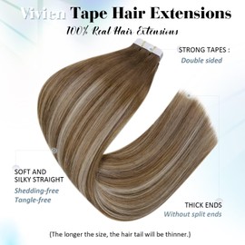 Vivien Tape in Hair Extensions Balayage Tape in Hair Extensions Real Human Hair Chestnut Brown Fading to Platinum Blonde Tape in Human Hair Extensions Double Sided 20pcs 50g #6/60/6 14inch