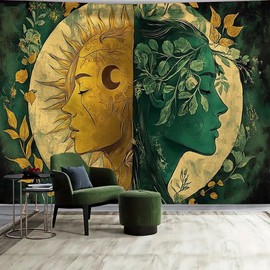 FENDROM Psychedelic Hippie Sun and Moon Tapestry for Bedroom Aesthetic, Fantasy Trippy Mystic Floral Face Vintage Decor Tapestries Wall Hanging Backdrop for Living Room Dorm