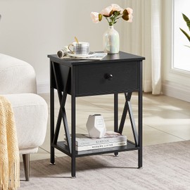 VECELO End Tables, Modern Nightstand with Drawer & Shelf, Night Stand for Bedroom Living Room,Industrial Metal Frame