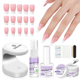 SAVILAND PRESS ON NAIL MEDIUM - BEST 6 FIT & NATURAL SOFT GEL FRENCH TIP Nails, Almond Glue with Nail Glue, Reusable Sticks 15 Size 31 Fake Kit, White Swirl 019