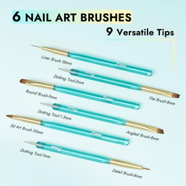 Finea Nail Art Brushes and Dotting Tools 6pcs Set for Builder Gel Polygel Gel Polish Paint Design with Flat, Round, Thin Liner, French Tip, Small Detail Painting, 3D Acrylic Flower Brushes, Gold Blue