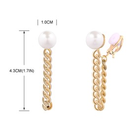 QUKE 10MM Simulated Pearl 14K Gold Plated Clip On Tassel Chandelier Earrings Non Pierced Ears Chain Dangle Drop for Women Girls