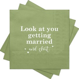 RUSPEPA 50 Pcs Wedding Napkin Paper, 3 Ply Disposable Green with "Look at You Getting Married" Text Deisgn Luncheon Cocktail Dinner Paper Napkins for Wedding, 5 x 5 Inch, Green