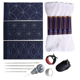 Sashiko kit, Yokota Sashiko Thread, Needles and Template Yume Fukin with Original English Manual, Thimble Sewing Set, Fabric, Japanese Textile (White Thread / Navy Dishcloth)