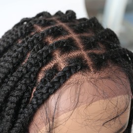 Twist Micro Box Braided Wigs Baby Hair Frontal for African American Women 100% 13'' X6 1/2'' Hand Tied Lace Glue-less Kanekalon Synthetic Natural Looking Systems (1B# Black)