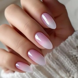 Pink Gradient Press on Nails Short Almond ZWENJIE Fake Nails White False Nails Glossy Design Cute Stick on Nails Full Cover Artificial Acrylic Ombre Nails for Women Glue on Nails 24 Pcs