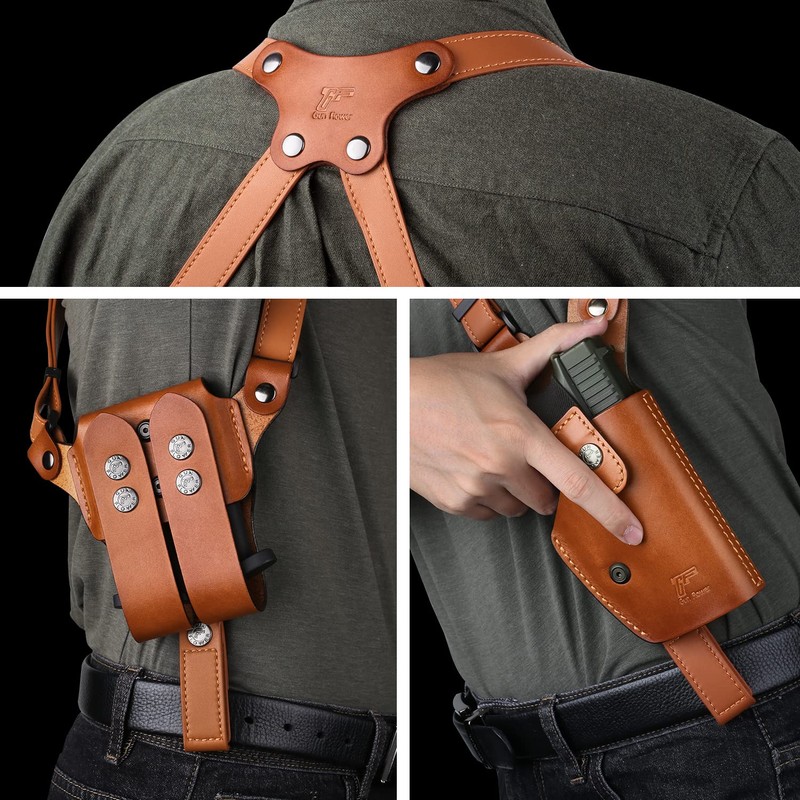 GUN & FLOWER Brown Leather Shoulder Holster Fits Glock 17/19,